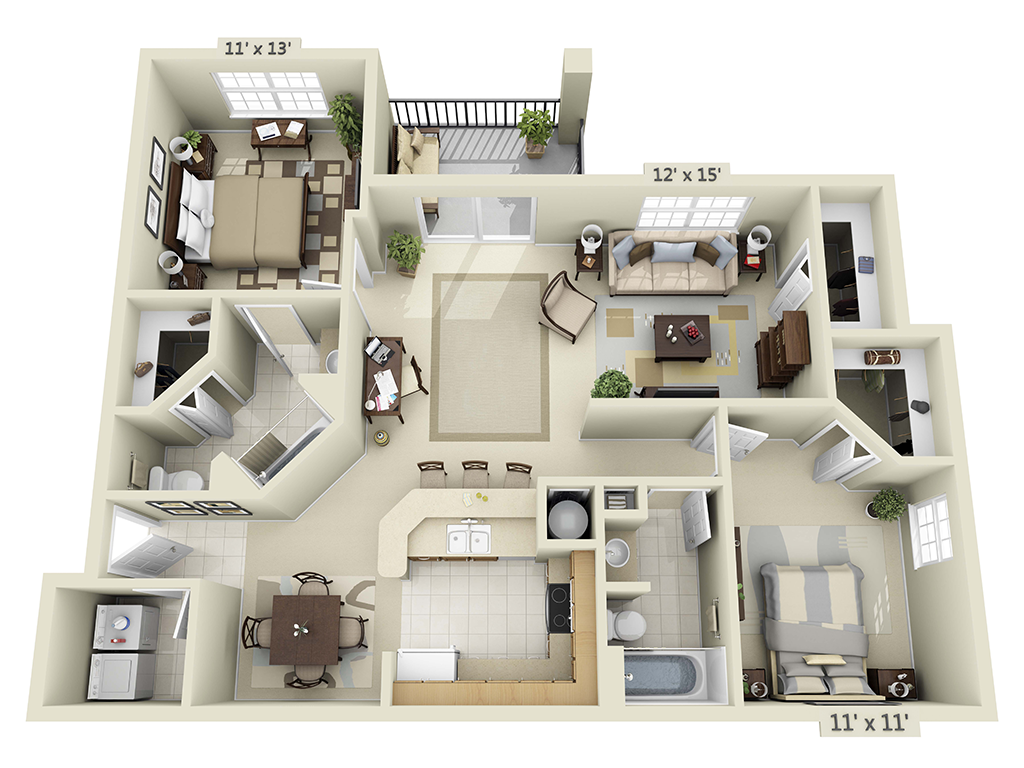 Floor plan for 2 beds, 2 baths, 1142 sqft